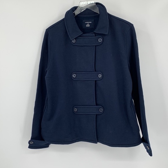 Lands End School Uniform fleece pea coat jacket navy blue women Small 6 8 - Picture 1 of 4